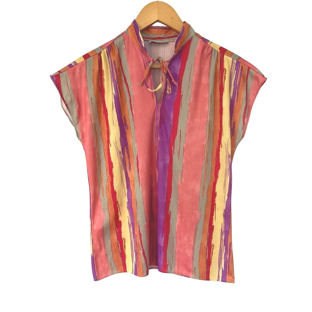 Vintage Copy Cats Statement Abstract Tie Keyhole Neck Top L Artsy‎ Dolman Sleeve